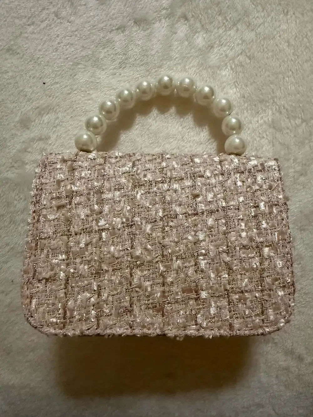 Unbranded Kids Princess Crossbody Purse Pink Tweed Handbag with Pearl Handle